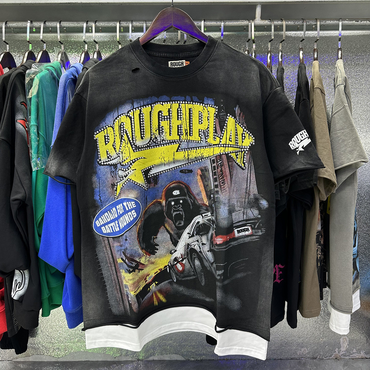 Men's T-Shirts RoughPlay Skull Printed Cotton Washed High-quality Short-sleeved Shirts With Holes Dark Hip-hop Rock style For Men And Women