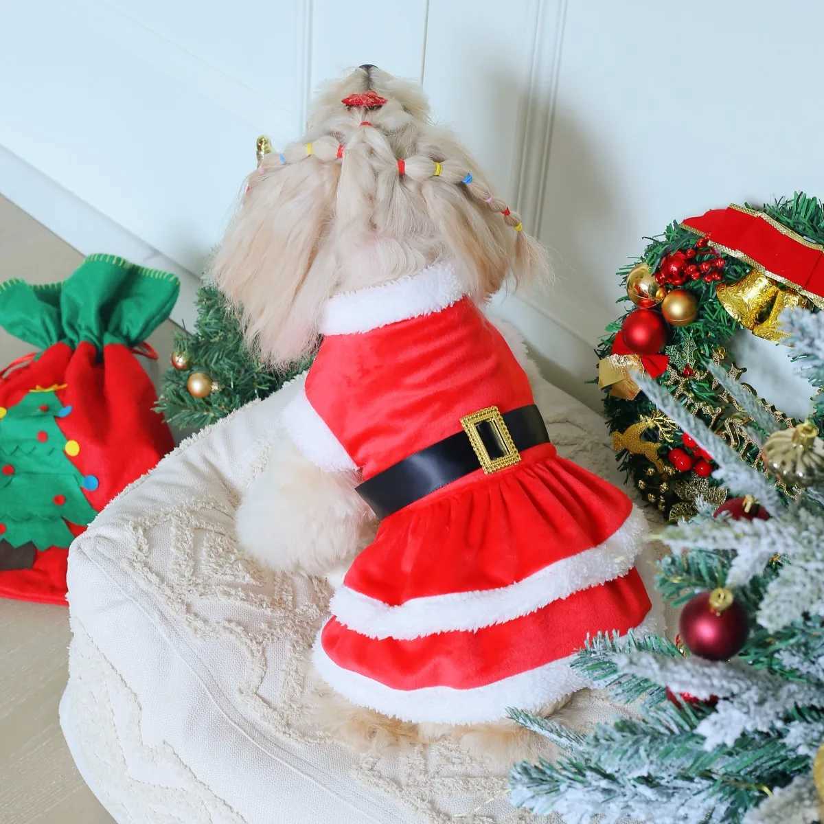 400A Red Velvet Cake Tiered Dress with a Black Satin Belt Gold Buttons and White Trim for Christmas M251208