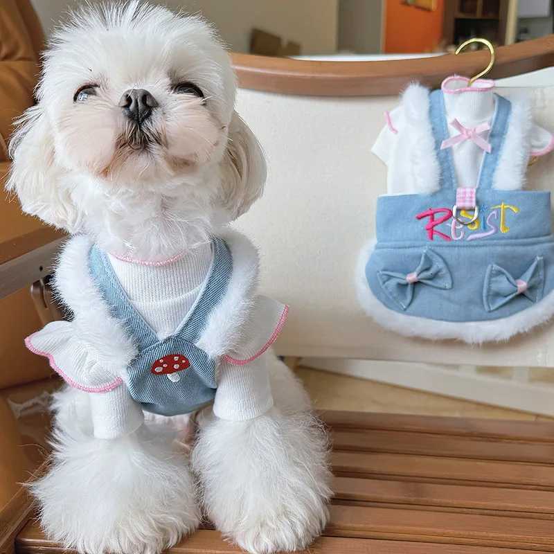 Dog Bow Denim Strap Plush Skirt Spring Autumn Dog Slip Dress Pet Denim Skirt Teddy Skirt Bear Small Dog Clothes Puppy Dress M251208