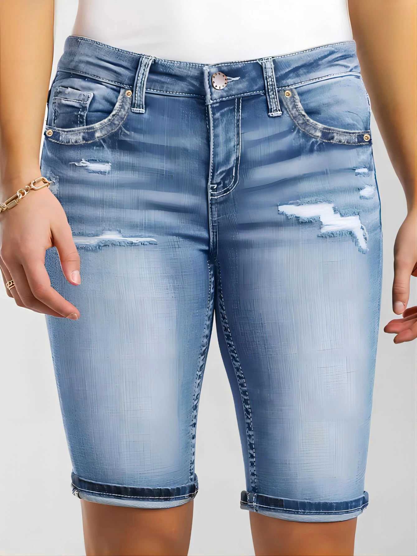 Womens pocket-breaking casual Bermuda Denim shortsT251208