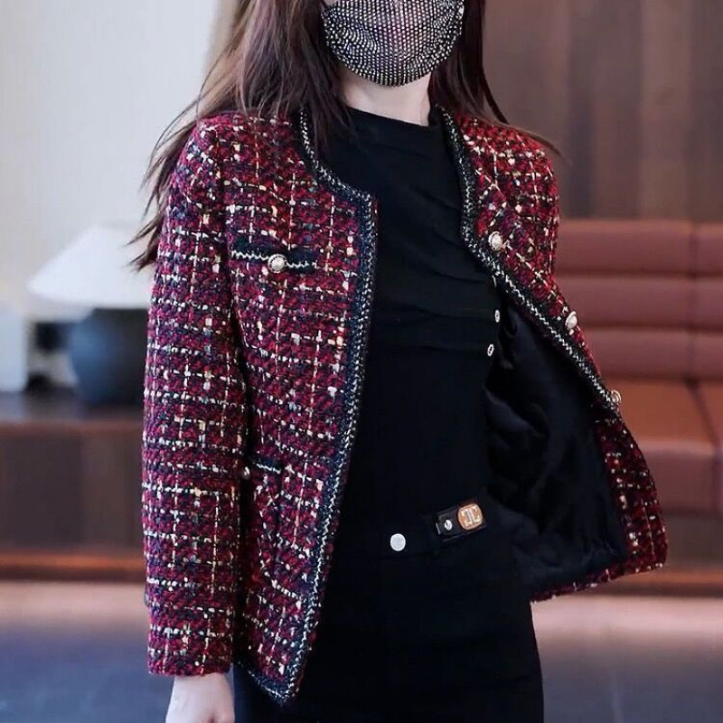 Women's Jackets Vintage Check Tweed Jacket Autumn High Quality Women's Jacket Sequined Trim Long Sleeve Woolen Coat Elegant Outwear 230822CJ