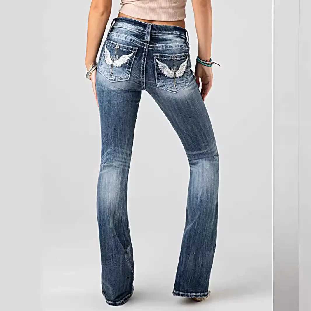 Women Embroidery Pockets Distressed Jeans Mid Waist Stretch Slim Fit Pants Vintage Denim Trousers Autumn Female StreetwearT251208