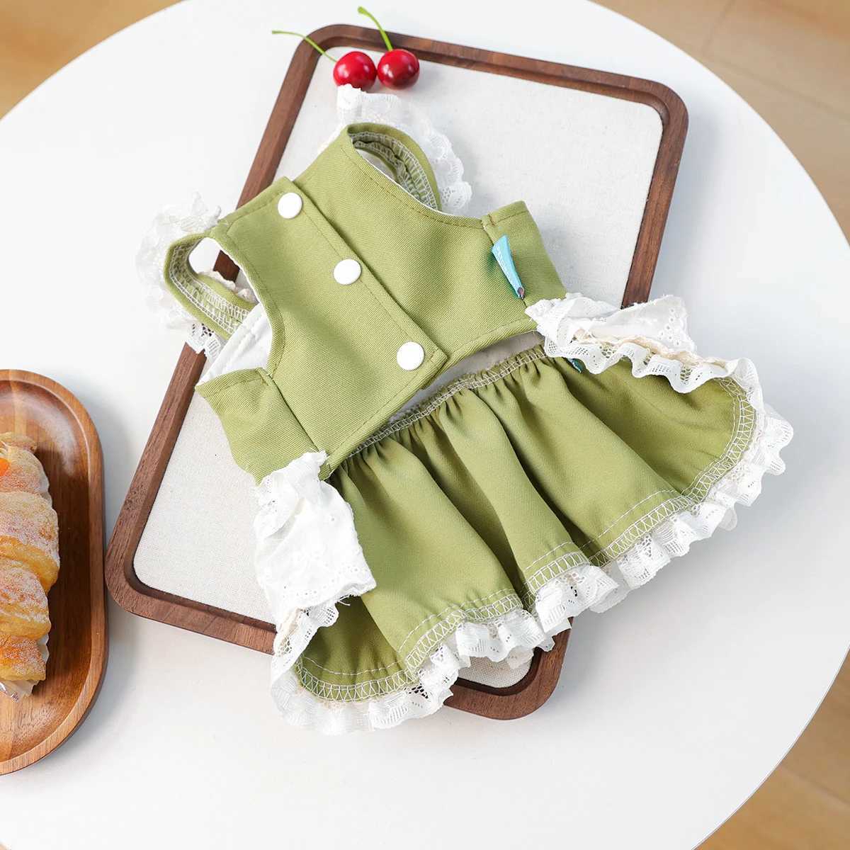 Pet Cat Dog Clothes Early Autumn Princess Style Green with Rose Flower Accessories Dress Suspender Skirt M251208