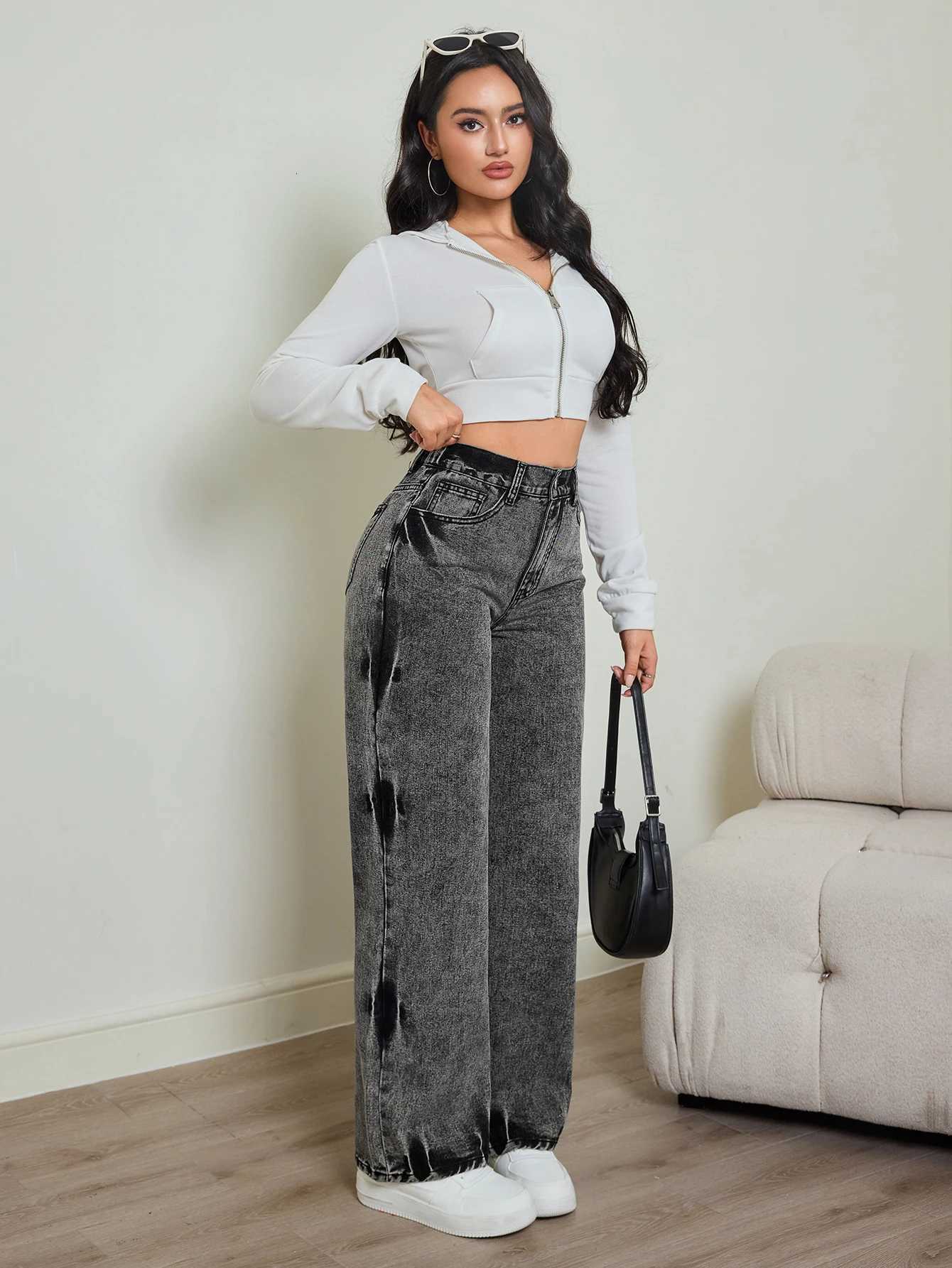 2025 autumn new womens jeans tie-dye contrast washing elastic waist high waist straight jeansT251208