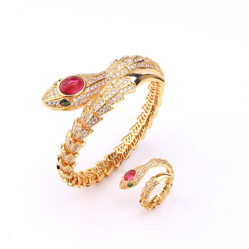 European And American Style Snake Bone Spring Bracelet Beautiful Fashion Red And Blue Gemstone Snake Shape Bracelet Ring Set Wholesale 92
