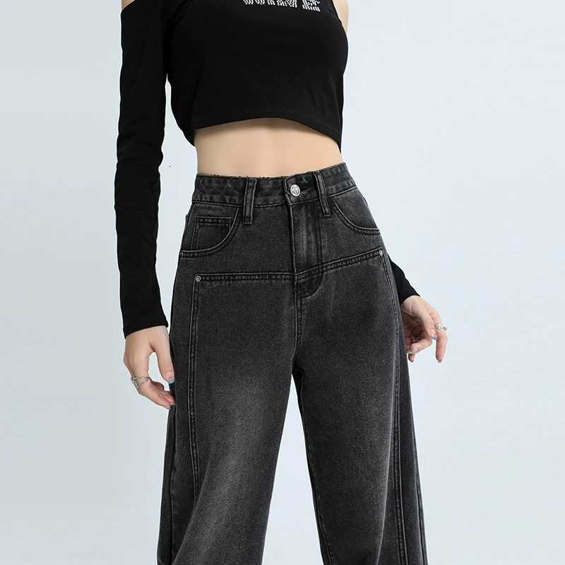 Woman High Waist Loose Wide Leg Jeans Boyfriend Straight Leg Pants Female Gray Black Denim Trousers Autumn Winter Plush JeansT251208