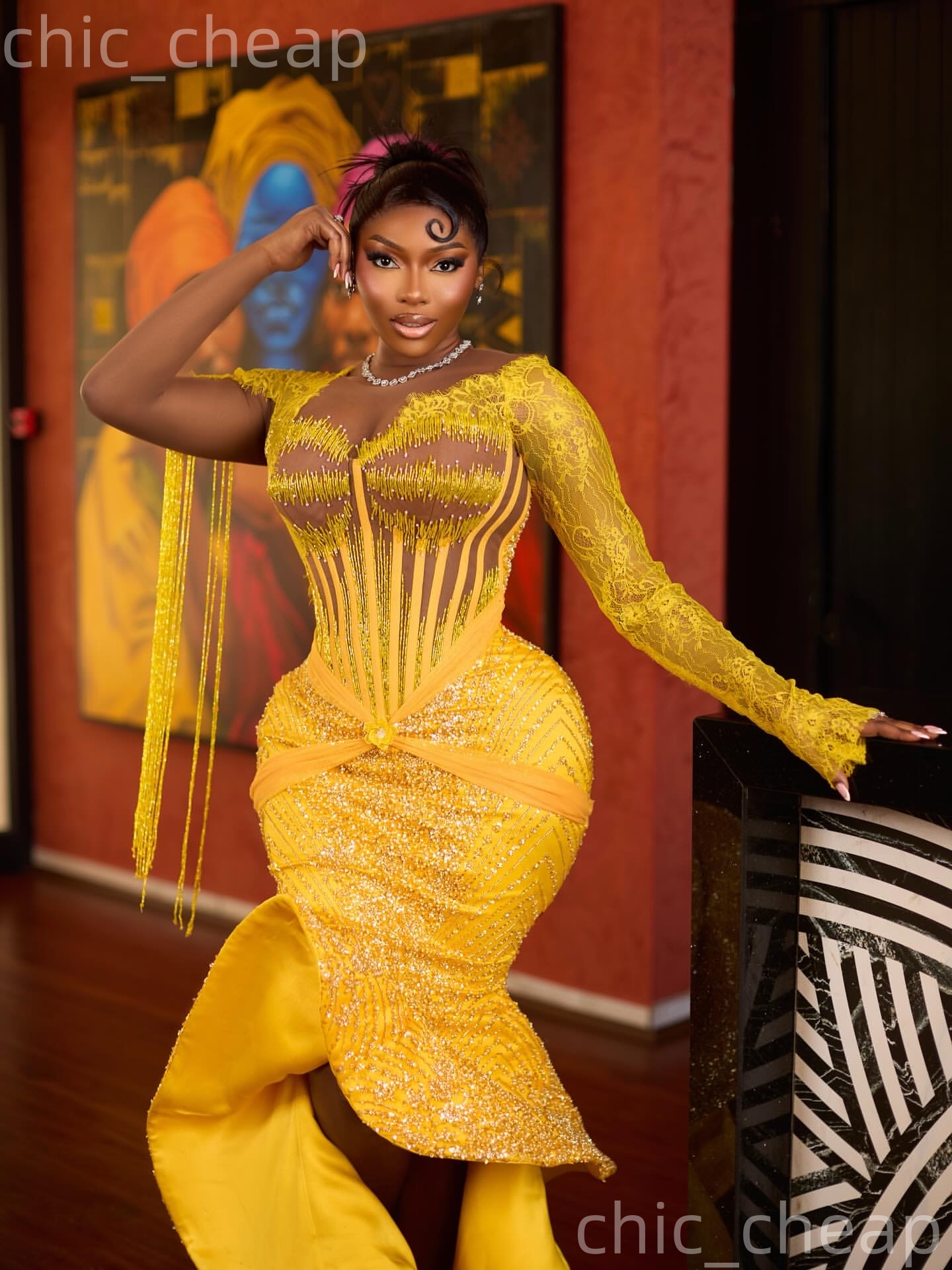 Aso Ebi Yellow Mermaid Prom Dresses 2026 Lace Beadings Full Sleeves Evening Formal Party Second Birthday Engagement Gowns Plus Size Dress For Special 