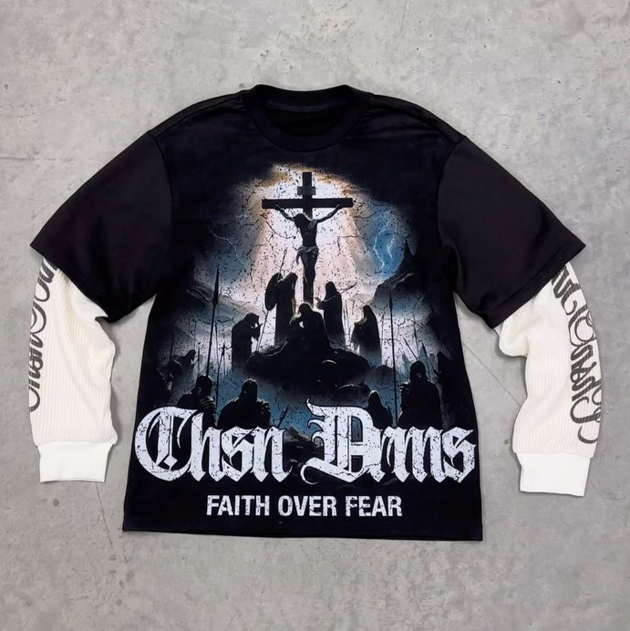 Summer printed American retro round-neck long-sleeved two-piece imitation design hip-hop Gothic sweatshirt