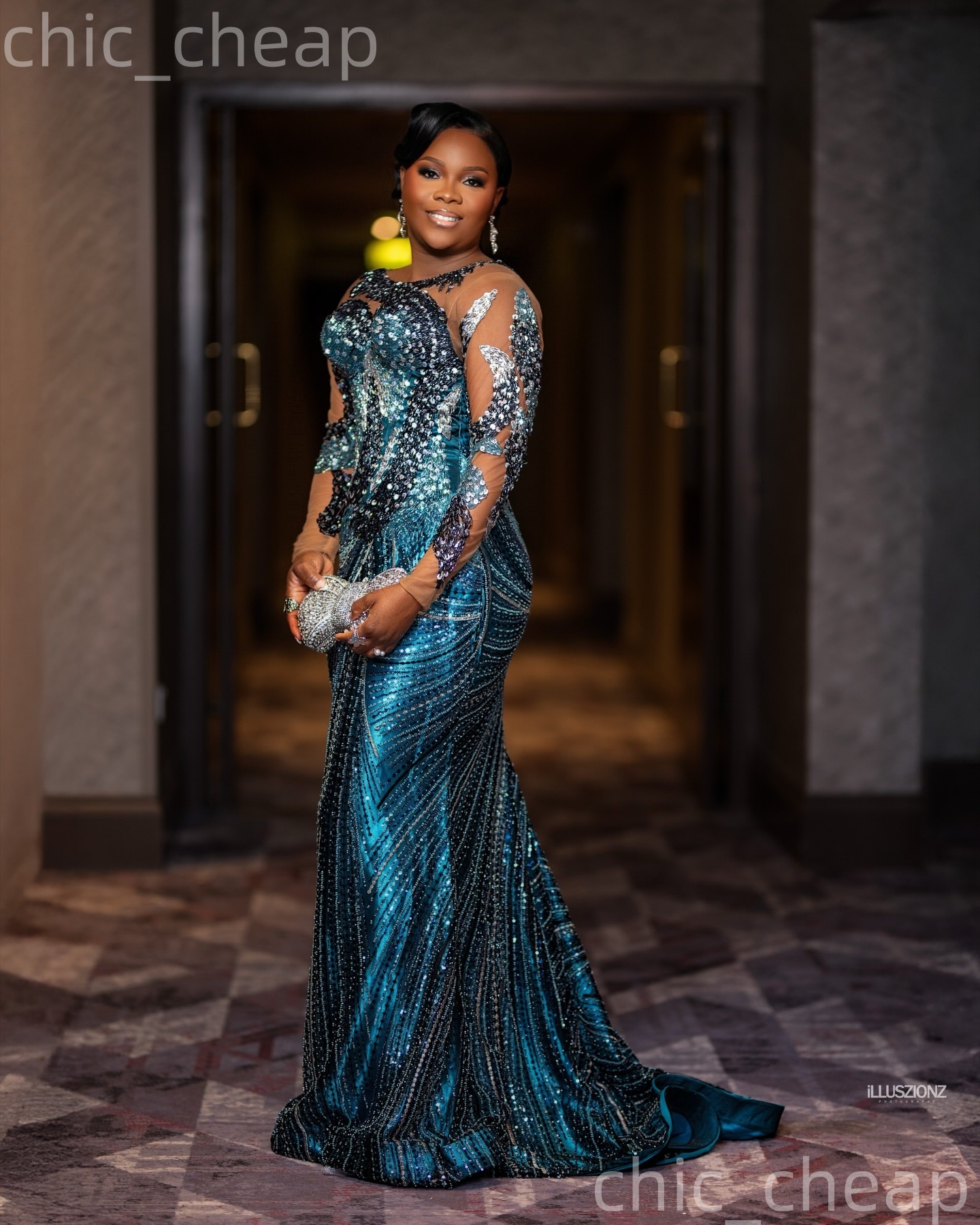 Aso Ebi Hunter Blue Mermaid Prom Dresses 2026 Sheer Neck Sequined Evening Formal Party Second Birthday Engagement Gowns Plus Size Dress For Special Oc