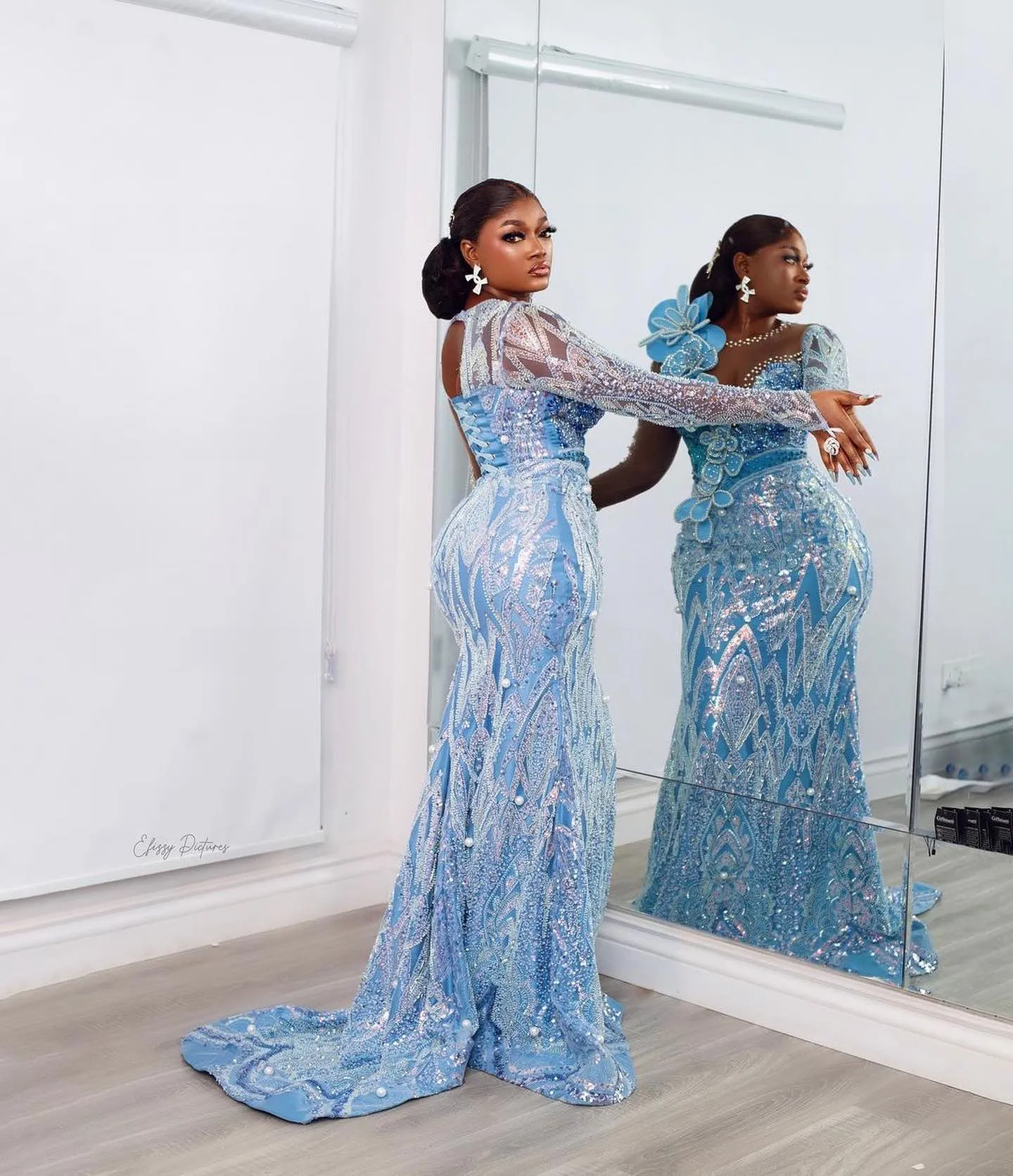 2026 Aso Ebi Sky Blue Mermaid Prom Dress Sequined Lace Crystals Evening Formal Party Second Reception Birthday Engagement Gowns Dresses Robe De Soiree