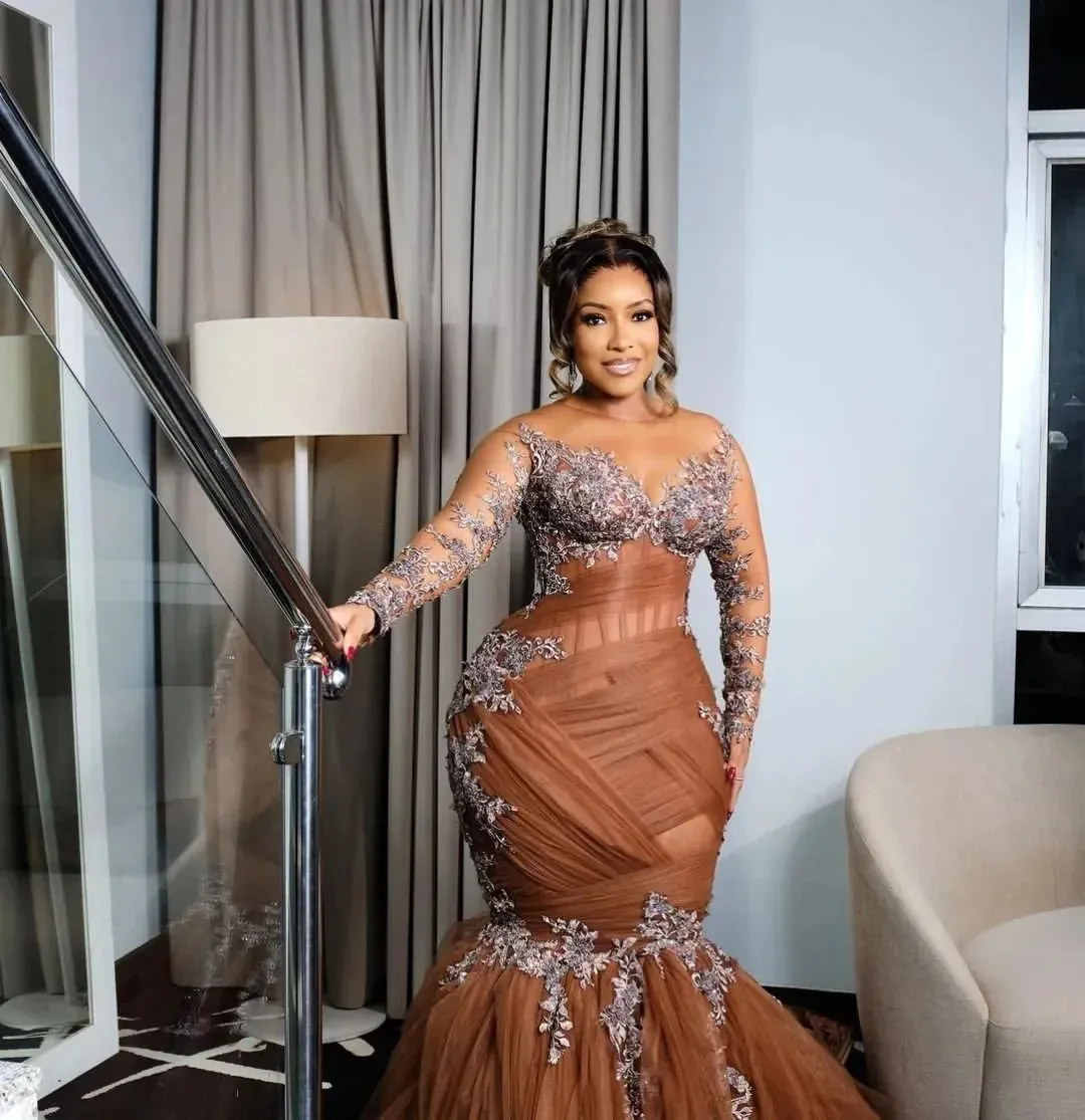 2026 Plus Size Chocolate Illusion Mermaid Prom Dresses For Special Occasions Lace Tulle Evening Party Birthday Gowns Dress For Women