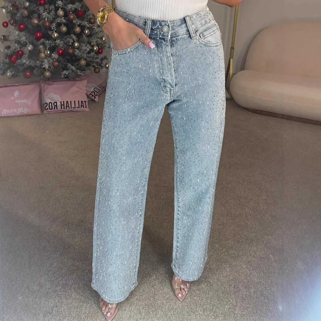 Straight Jeans for Women Diamonds Pants Stretch High Waist Washed Distressed Pockets Vintage Denims Streetwear Female TrousersT251208