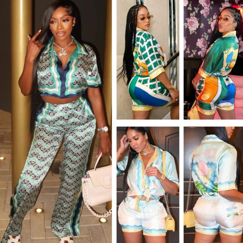 2026 Designer Women Tracksuits Beach Resort Style Fashion Print Shirt Single Button Short Sleeve Shirts Two Piece Set Matching Outfit