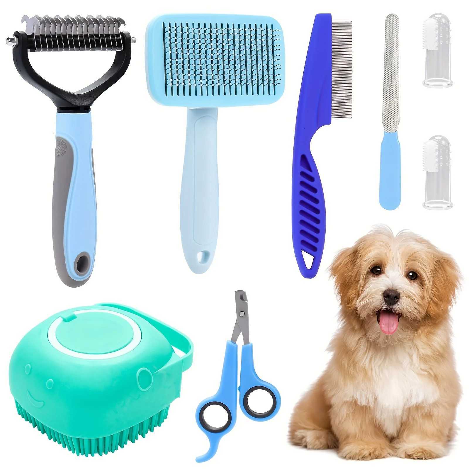 8-piece dog brush beauty set pet self-cleaning set with pet nail clippers and files flea comb pet shampoo shower brush M251208