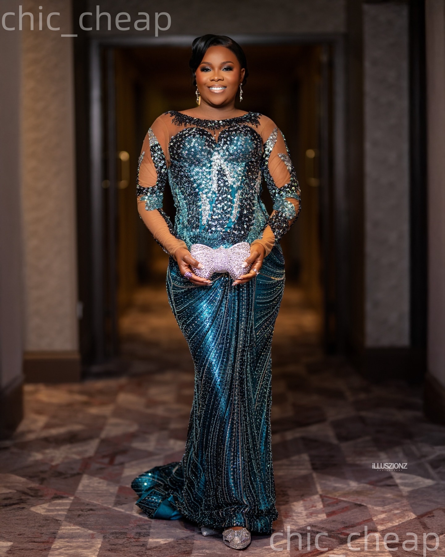 Aso Ebi Hunter Blue Mermaid Prom Dresses 2026 Sheer Neck Sequined Evening Formal Party Second Birthday Engagement Gowns Plus Size Dress For Special Oc