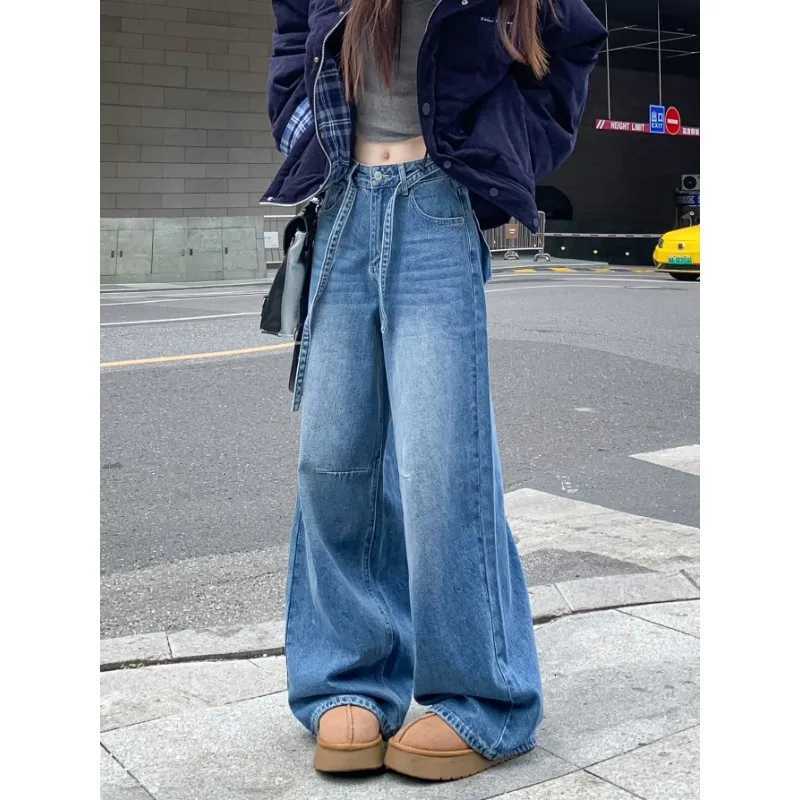 American Retro Blue Wash Wide-leg Jeans for Women in Winter New Niche Straps Loose Straight Pants Floor PantsT251208