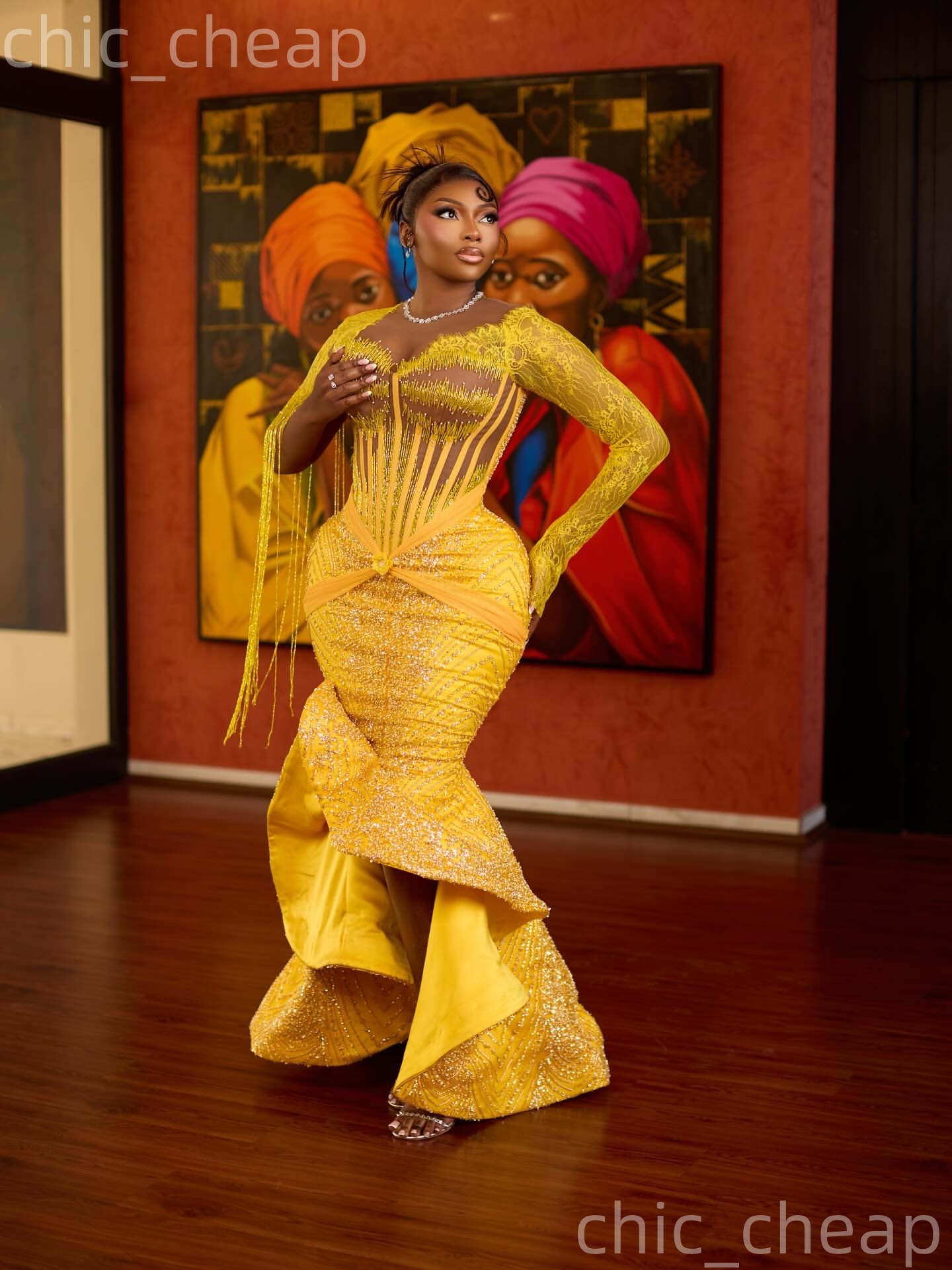 Aso Ebi Yellow Mermaid Prom Dresses 2026 Lace Beadings Full Sleeves Evening Formal Party Second Birthday Engagement Gowns Plus Size Dress For Special 