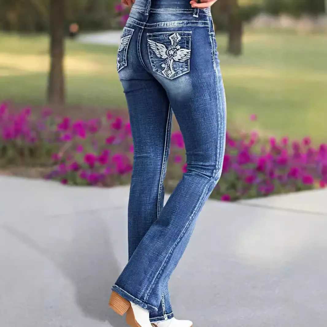 2025 New Womens High Waist Embroidery Boot Cut Jeans Fashion Slim Fit Stretch Denim Flared PantsT251208
