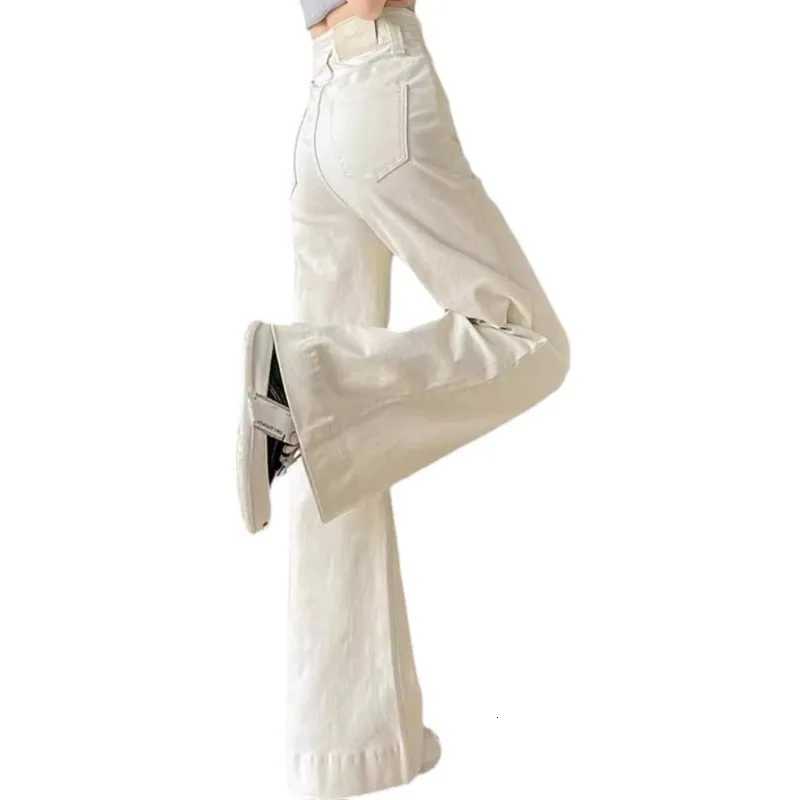 Off White Wide Leg Fleeced Jeans for Women Trendy All Match New High Waist Slimming Belly Covering Micro Flare Long PantsT251208