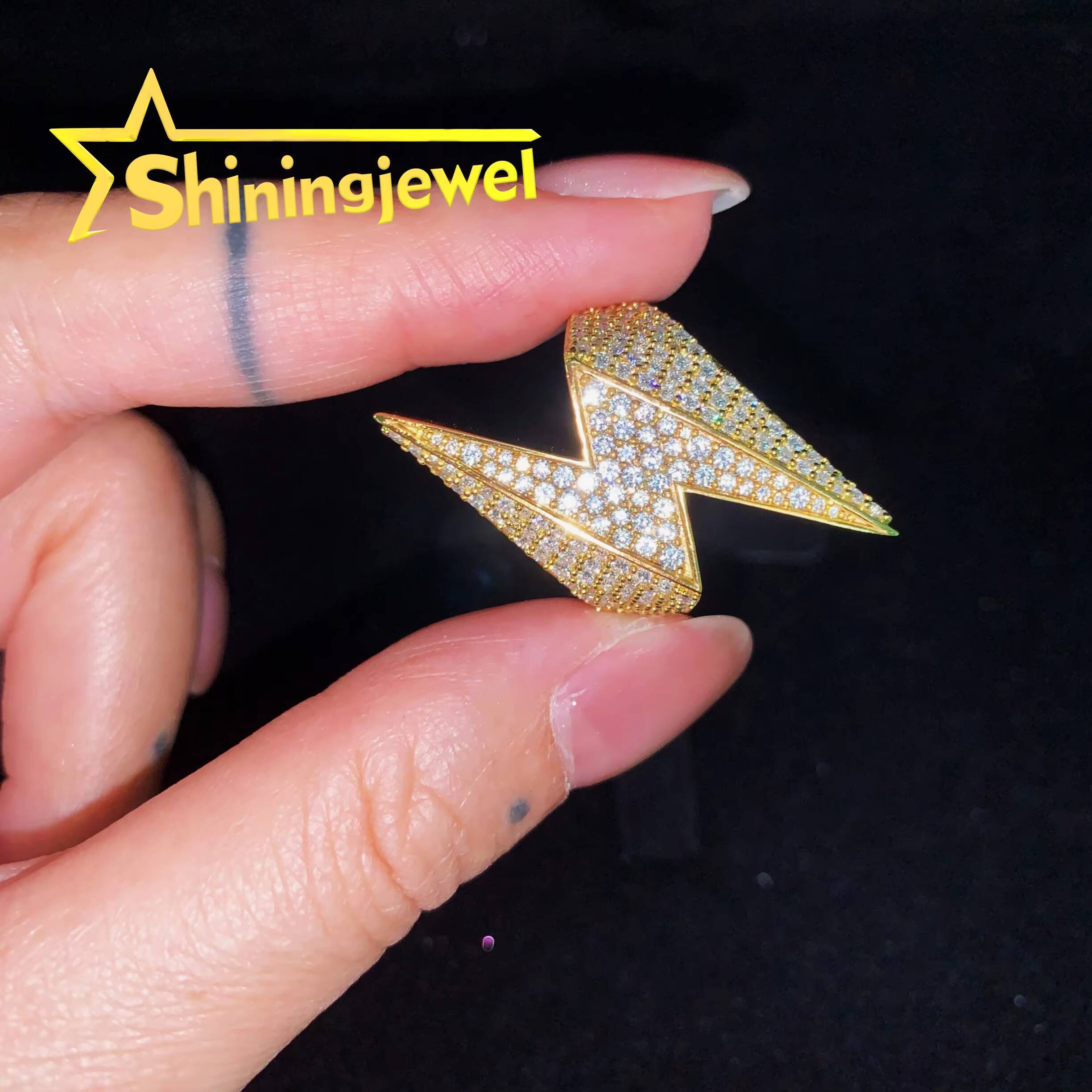 Shiningjewel Lightening Bolt Shape Ring Moissanite Pass Diamond Tester Moissanite Ring Hip Hop Jewelry 925 Moissanite Men Ring