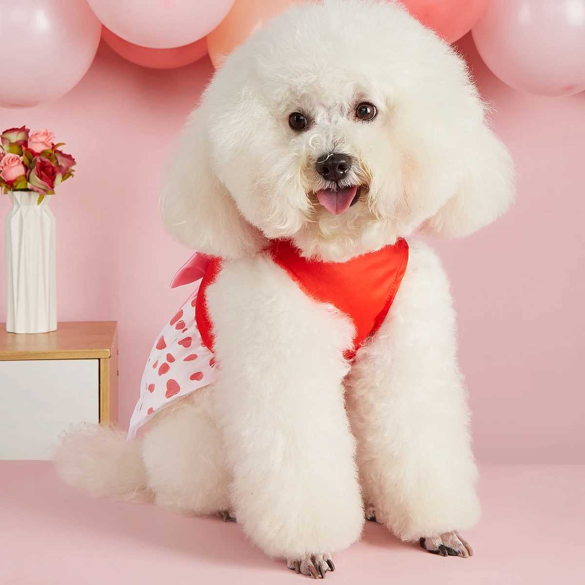 Valentines Day Pet Dress Red Top Loads of Love Cute Puppy Skirt with Heart Prints Bow - tied Doggie Outfit Clothes Apparel M251208