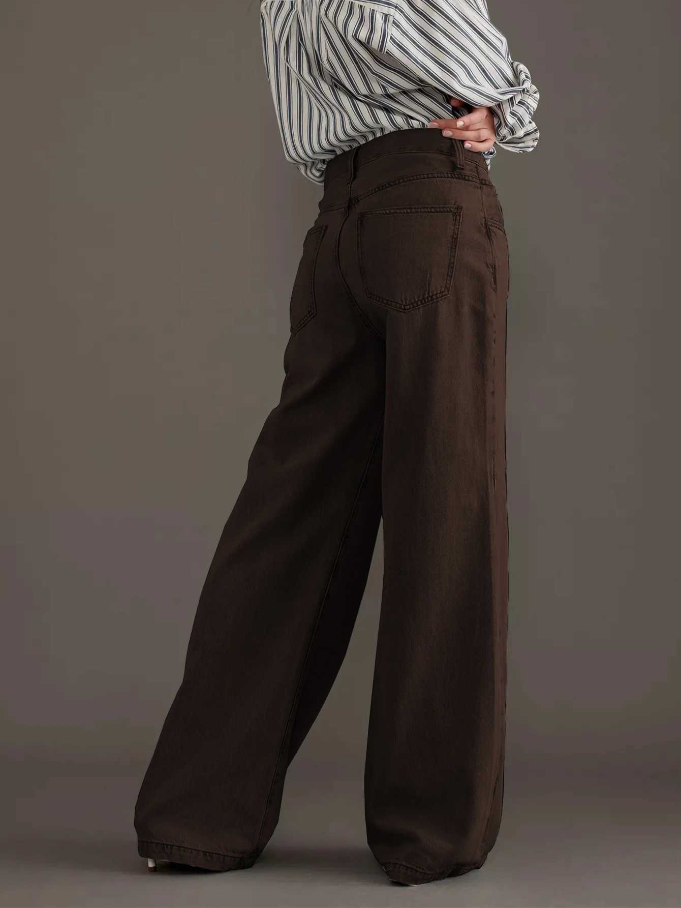 Womens new jeans washed vintage brown wide-leg jeans high waist cut elegant fashion style retro silhouetteT251208