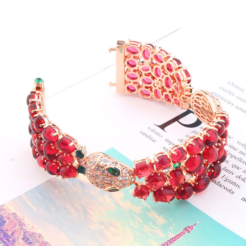 Exaggerated Double-Headed Snake Bracelet Full Inlaid With Imitation Ruby Pomegranate Style Bracelet Necklace For Women Socialite Domineering Jewelry 2