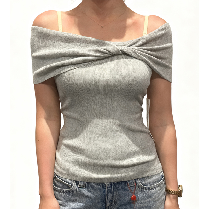 Women's Tanks Women's Off-the-Shoulder Ribbed Knit Twist Collar Sleeveless Crop Top - Beige Fitted Tank 2061565