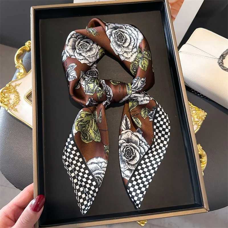 Luxury 68cm Rose Printed Scarf Womens New Spring and Summer Imitation Silk Square Scarf Fashion Versatile Headscarf Shawl Y251208
