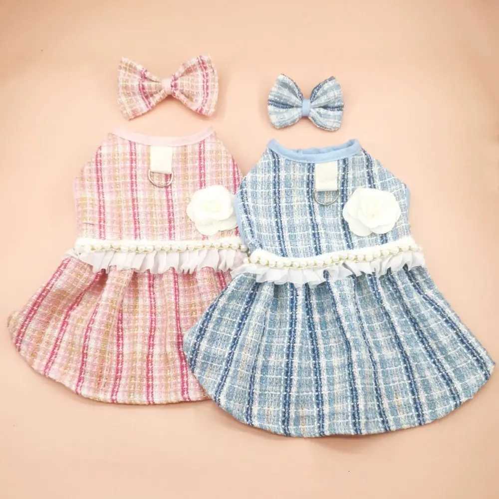 Fashion luxury Cute Puppy Plaid Dress Breathable Thin Design Cat Bow Pearl Coat Soft Dog Vest Autumn Winter M251208