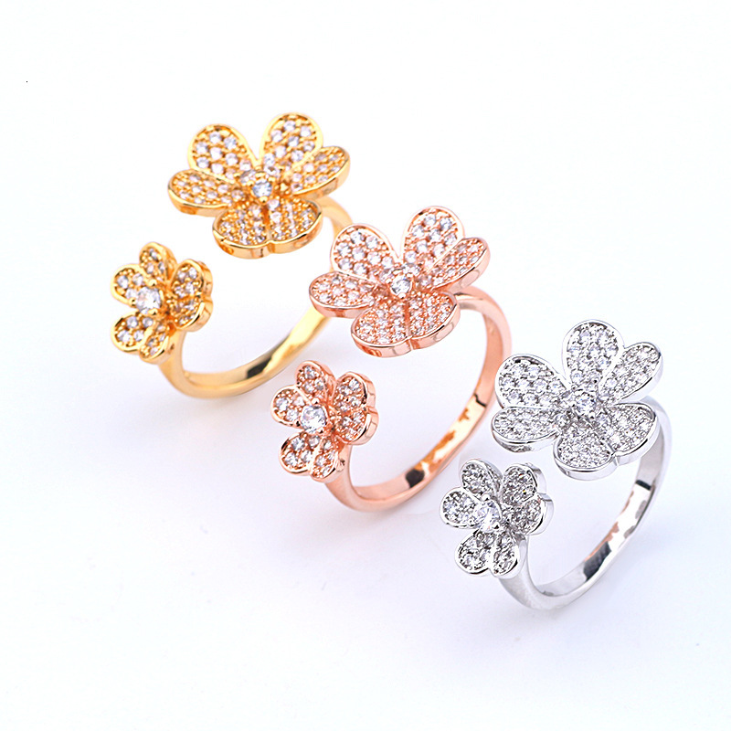 Fashion Full Zircon Three-Leaf Flower Bracelet Fresh Open Ring Set For Women Light Luxury Elegant Jewelry 79