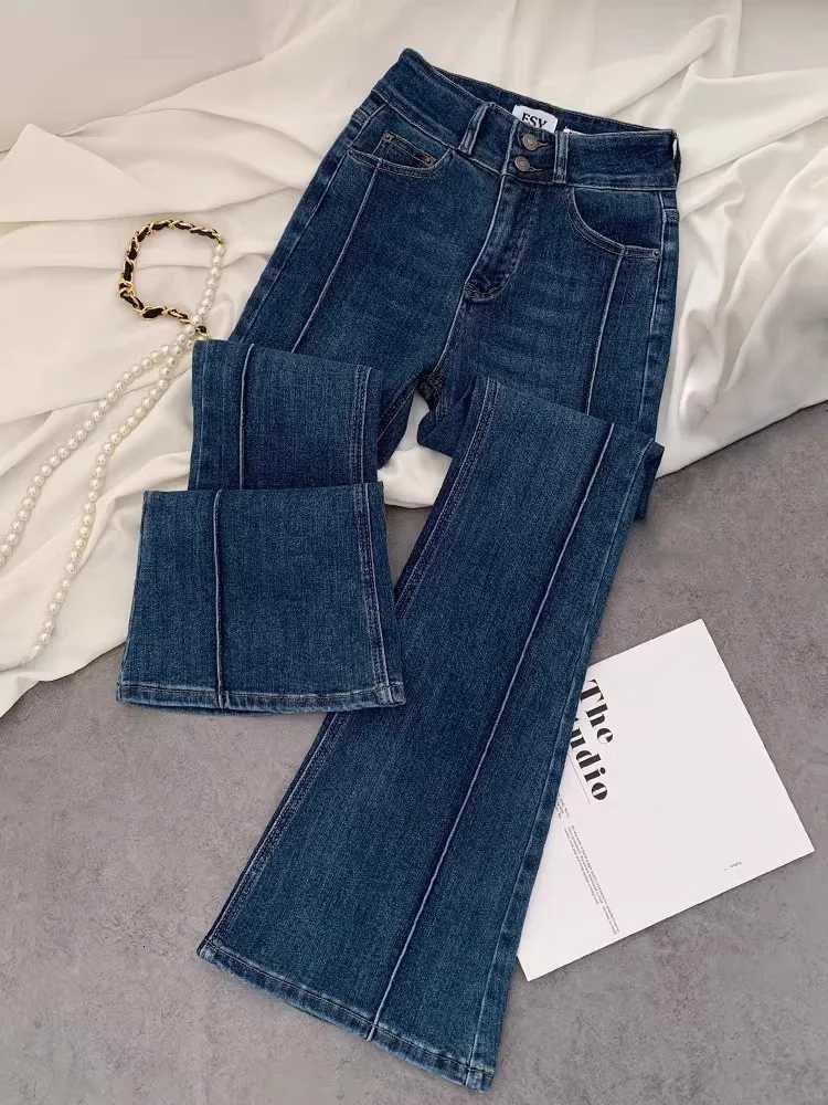 Vintage Blue Women Flare Pants Two-Button High Waist Slim Denim Trousers 2025 New Spring Summer Fashion Slim Female JeansT251208