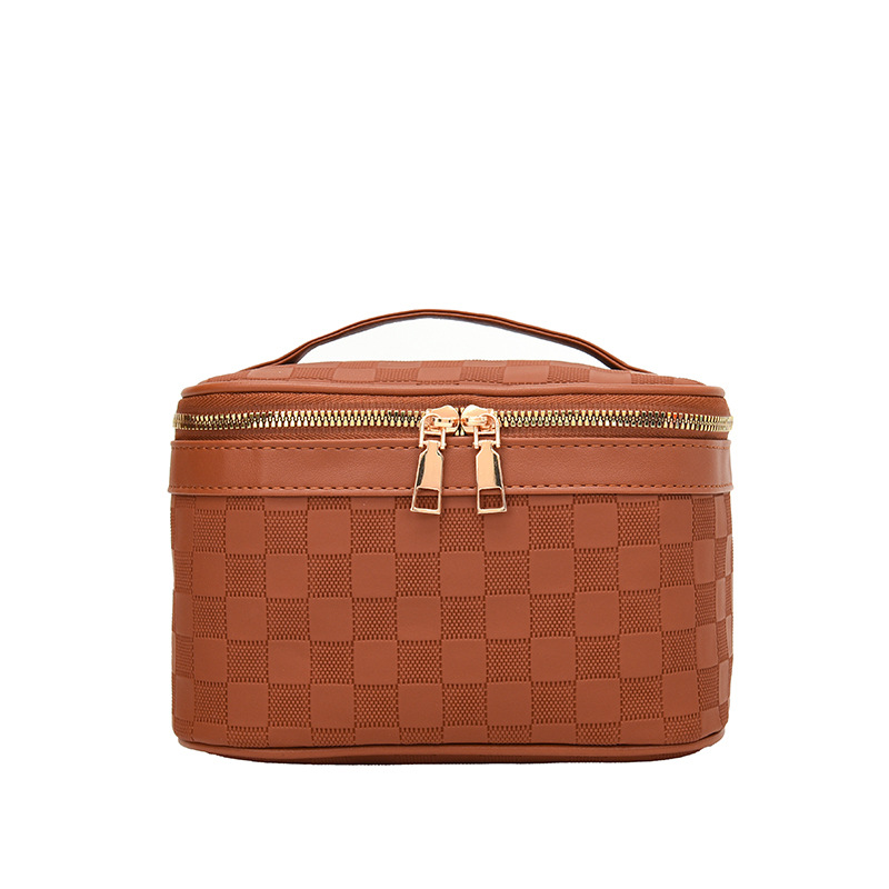 New Checkered Pattern Cosmetic Bag Large Capacity Travel Portable Toiletry Bag Minimalist PU Leather High-Fashion Handheld Storage Bag