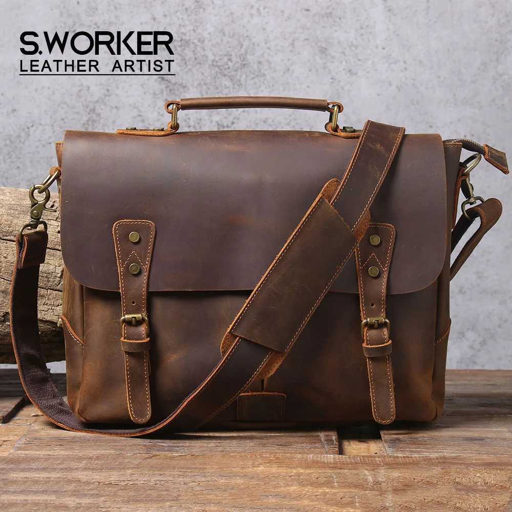 SWORKER Vintage Genuine Leather Mens Briefcase Laptop Messenger Bag Crazy Horse Leather Handbag Cowhide Retro Casual Style Z251208