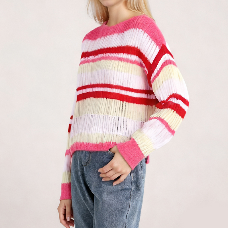 Women's Blouses Women's Pleated Striped Crew Neck Long Sleeve Sweater - Loose Fit Retro Knit Top 22261