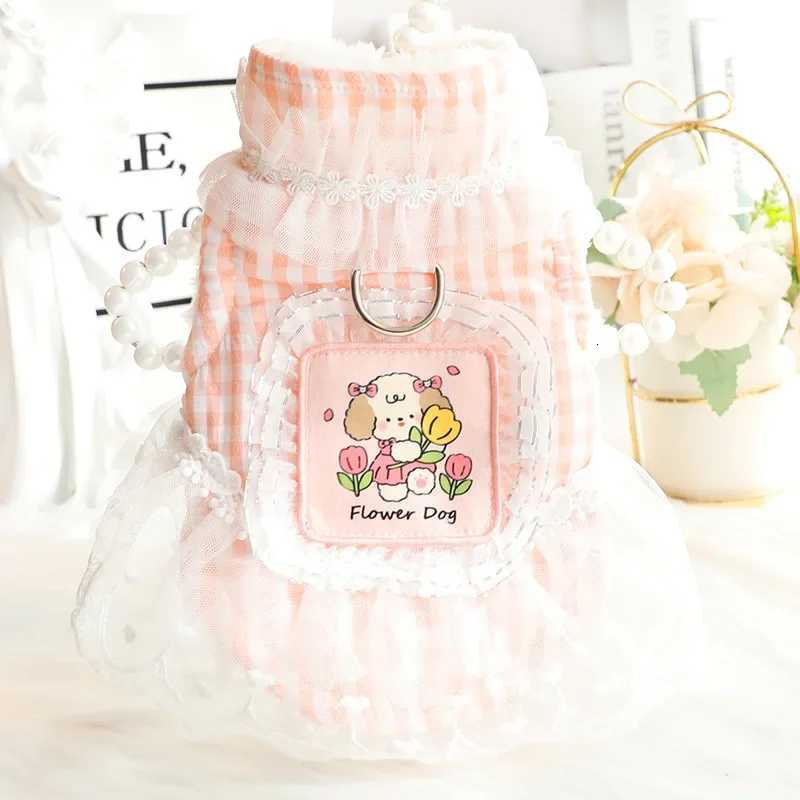 Thickened High Neck Plaid Pet Dress for Small Dogs Princess Lace Sweet Vest Patchwork Mesh Autumn Winter Clothes for Cats M251208