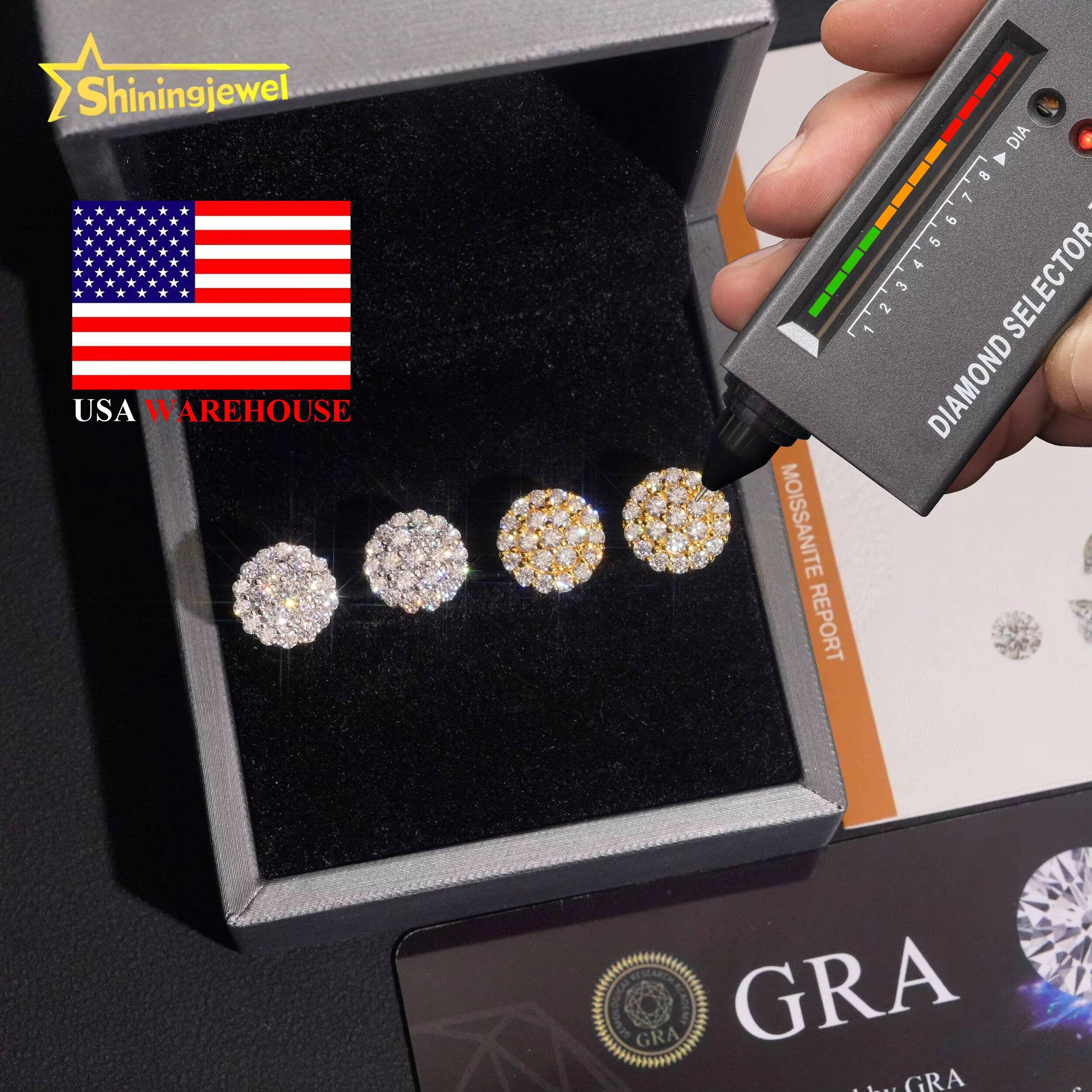 Pass Diamond Tester Round Diamond 925 Silver Cluster 105mm Iced Out VVS Moissanite Jewelry Hip Hop Stud Earrings USA Shipping