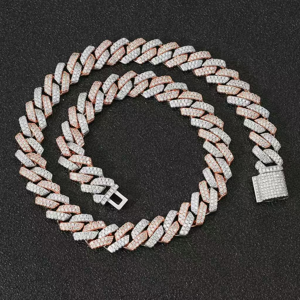 Two Tone Color 14mm 2 Rows 925 Solid Silver Iced Out Hip Hop Jewelry VVS1 Moissanite Diamond Cuban Link Chain Bracelet Men