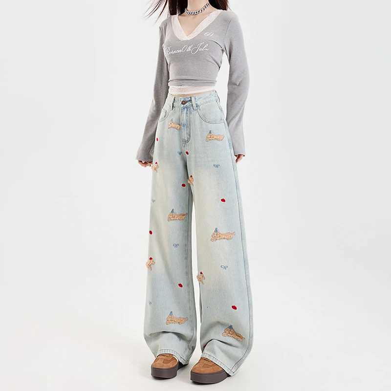 White Dachshund High-waisted Wide-leg Jeans for Women Autumn and Winter Embroidered Slimming Loose Straight Floor-length PantsT251208