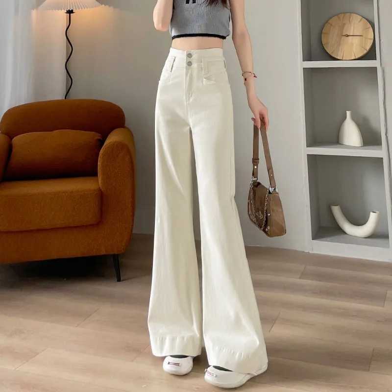 Off White Wide Leg Fleeced Jeans for Women Trendy All Match New High Waist Slimming Belly Covering Micro Flare Long PantsT251208
