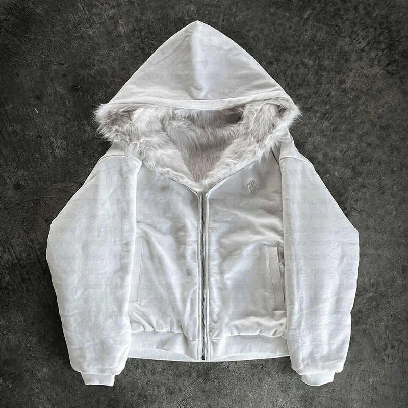 Dark Faux Fur Harajuku Hiphop Y2K Zip up hoodie Oversized Punk Zipper Hoodie sweatshirt Retro Rock Goth Streetwear Jacket Coat 251204