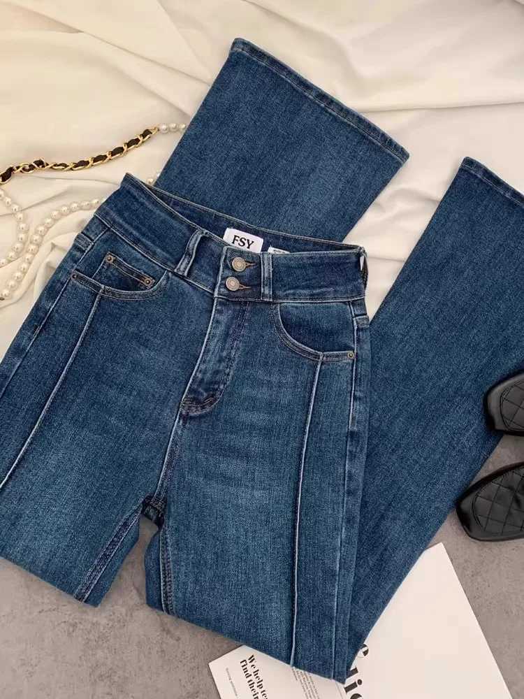 Vintage Blue Women Flare Pants Two-Button High Waist Slim Denim Trousers 2025 New Spring Summer Fashion Slim Female JeansT251208