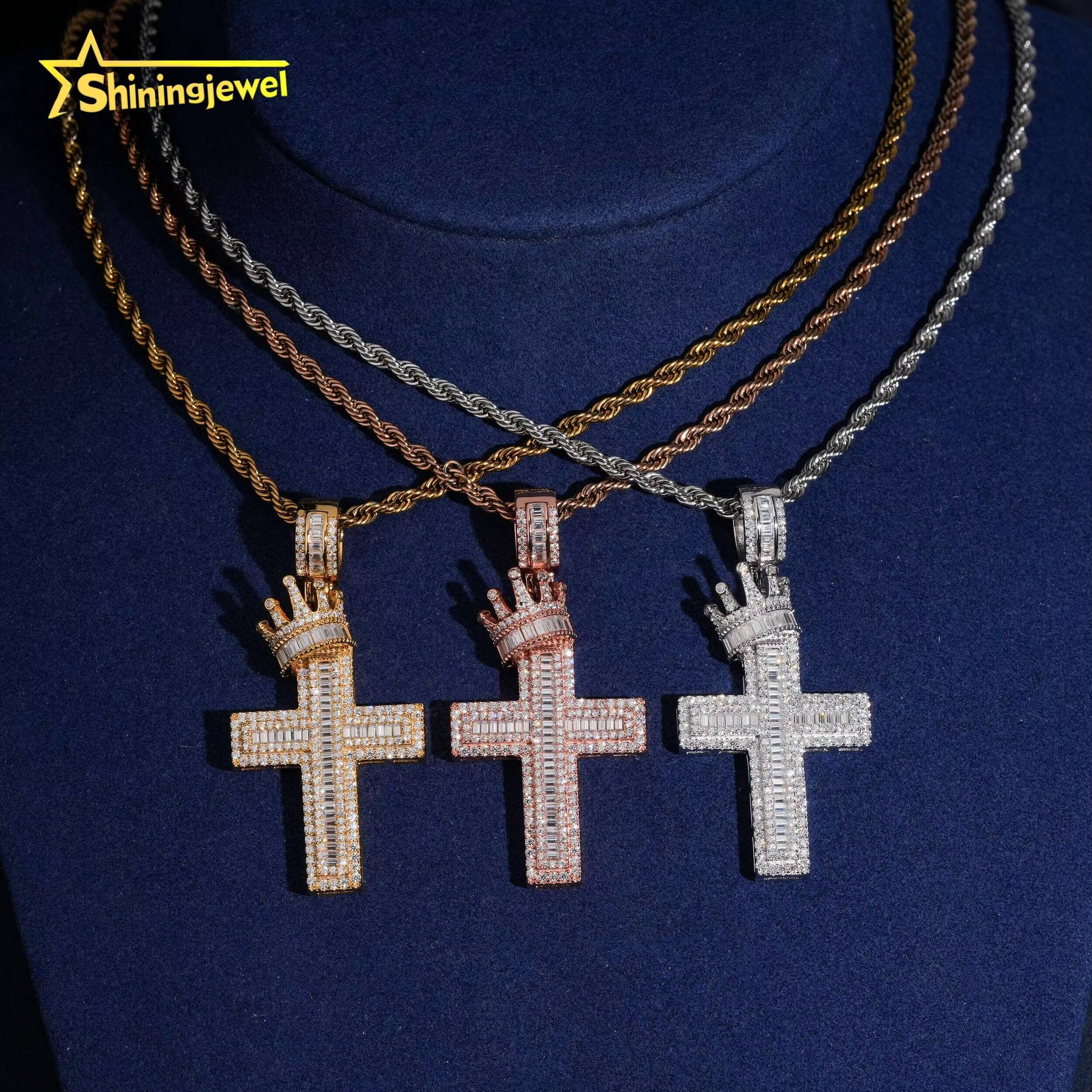 Instock Iced Out Pendant Cross Moissanite Pendant Charm Solid 925 Sterling Silver Cross Pendant with Crown Pass Diamond Tester
