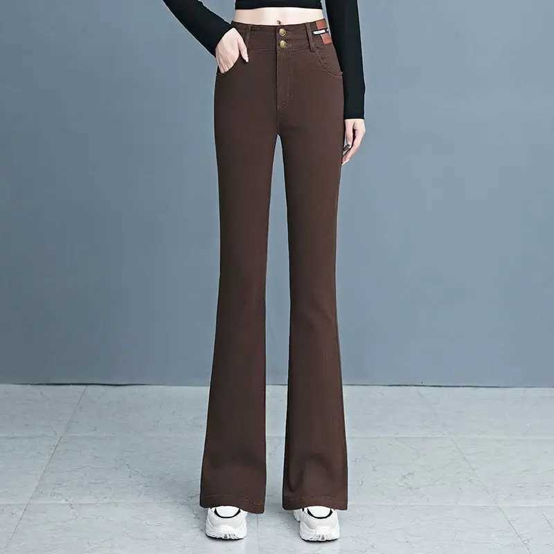 AutumnWinter New Fashion Elastic High Waist Solid Womens Clothing Korean Bell-bottoms All-match Simplicity Pockets Chic PantsT251208