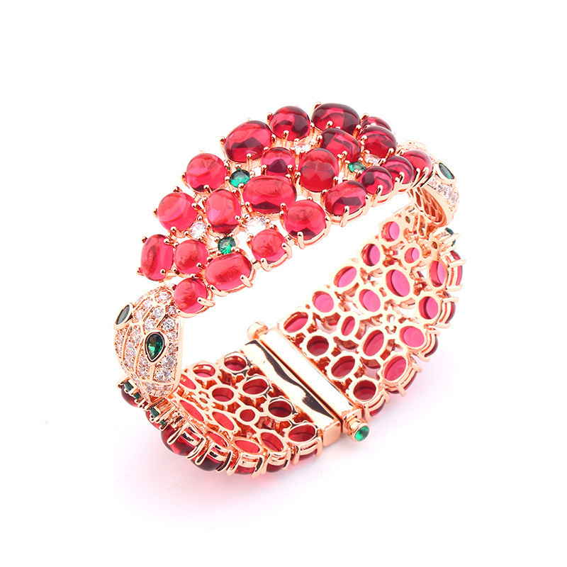 Exaggerated Double-Headed Snake Bracelet Full Inlaid With Imitation Ruby Pomegranate Style Bracelet Necklace For Women Socialite Domineering Jewelry 2