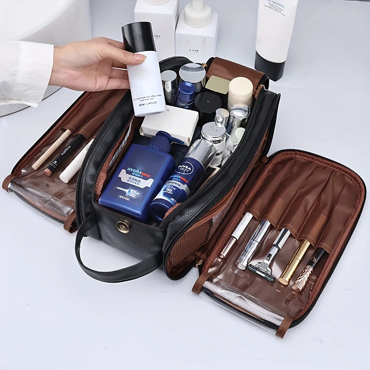 Large Capacity Cosmetic Bag Makeup Toiletries Organizer PU Leather Portable Travel Toiletry Pouch Women Storage Bags 251205