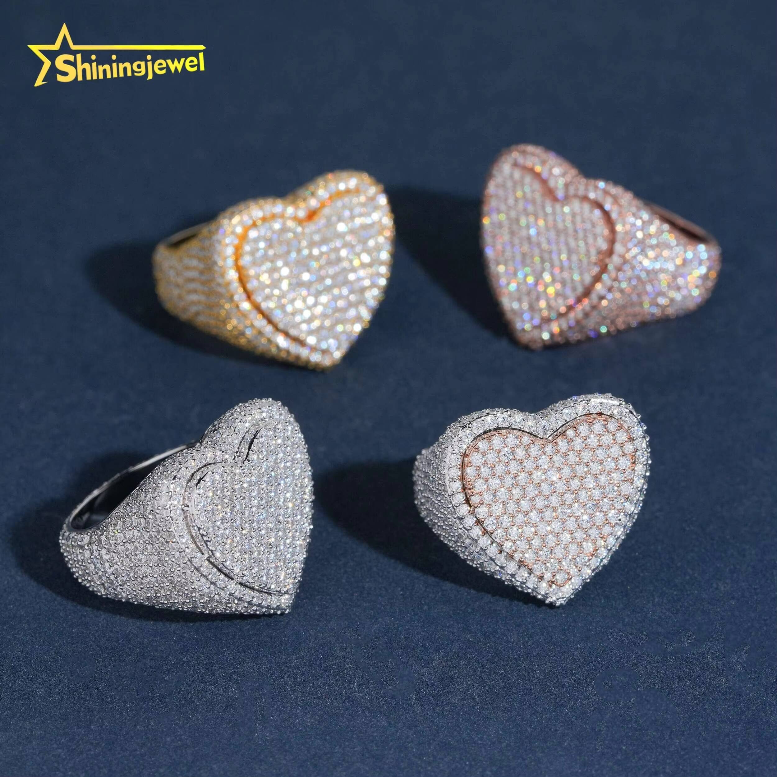 Fine Jewelry Fast Shipping Iced Out Heart Two Tone Hip Hop 925 Sterling Silver Moissanite Rings