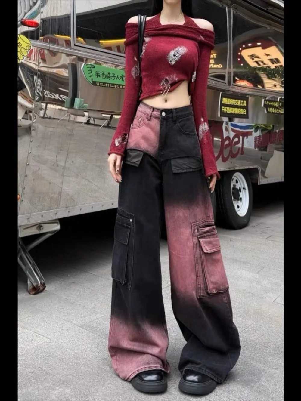 Plus Size Gradient Utility Jeans 2025 Dropped Waist Cargo Pants Venusian Silhouette Aesthetic Wide Leg Summer TrousersT251208