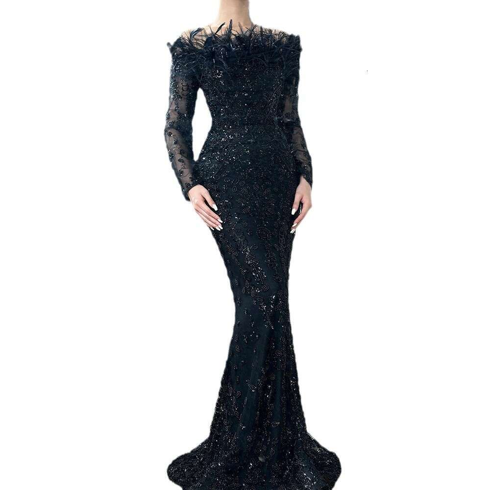 Evening Dress For Women Designer Luxury 2026 Black Off-Shoulder Feather Mermaid Gown Elegant Socialite Banquet Host Evening Dress
