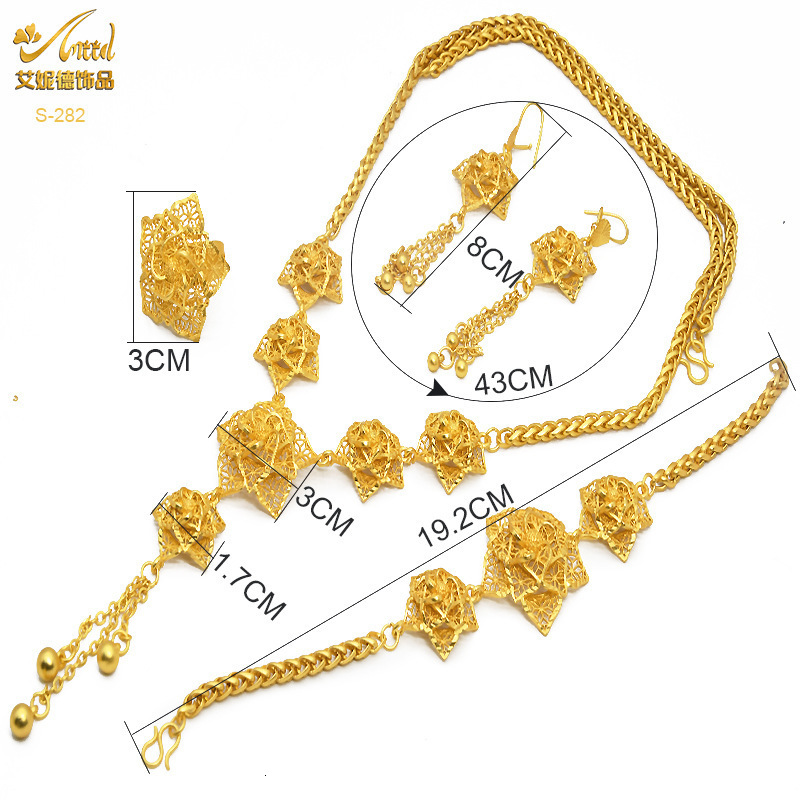 ANIID Dubai Gold Plated Jewelry Set For Women Flower With Tassel Big Nigerian Indian Bridal Necklaces Earrings Rings Sets 251114